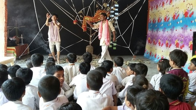 Artists of Madhepura performing in a play Khauf.