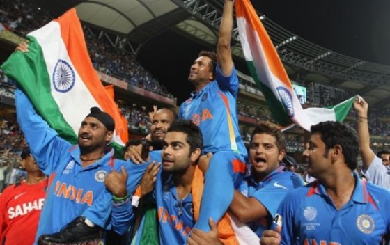 Virat with Sachin on his shoulders & other Teammates after winning 2011 world cup.