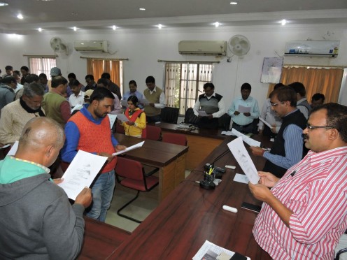 The Dynamic DM Md.Sohail administering oath to the Officers Mithilesh Kumar DDC, Sanjay Kumar Nirala SDM and other employees in collectriate Sabhabhawan on the occasion of Samvidhan Diwas