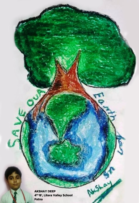 A Drawing on Earth Day By Akshay Deep, Student of class 4th'B', Litera Valley School, Patna