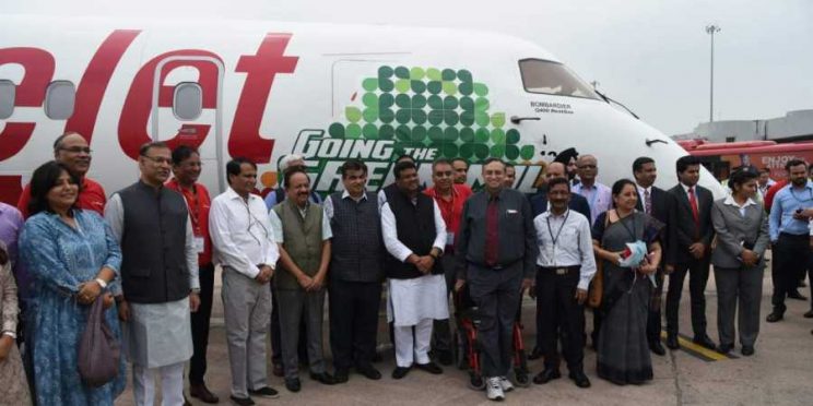 First Bio-Fuel Spice Jet plane being welcomed by cabinet minister Nitin Gadkari and others.