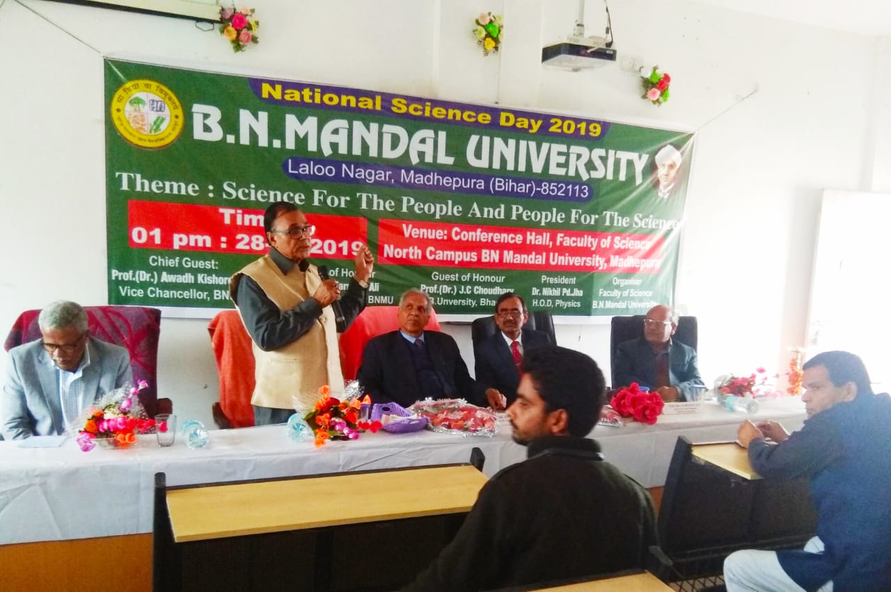 Former University Professor of Physics Dr.Bhupendra Madhepuri addressing on National Science Day Seminar at North Campus BNMU Madhepura. 