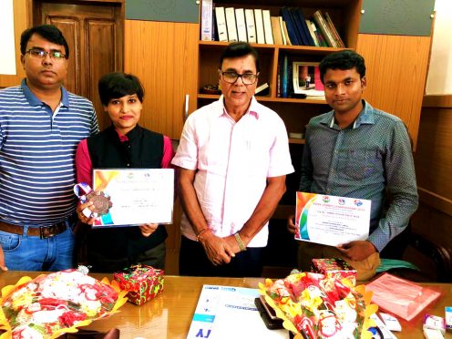 Dr.Bhupendra Madhepuri (Patron of Vrindavan Hospital) & Surgeon Dr.Barun Kumar along with Karate Queen Soni Raj and Team Manager Samant Kumar Ravi with their certificates and Medal at Vrindavan Hospital, Madhepura.