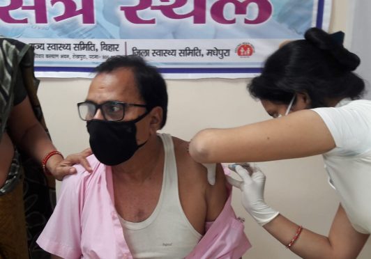 Dr.Bhupendra Narayan Yadav Madhepuri is being vaccinated against Corona Virus at Karpuri Thakur Medical College Madhepura.