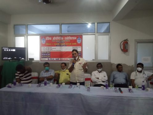 Educationist Dr.Bhupendra Narayan Yadav Madhepuri addressing doctors on the occasion of Bone & Joint Day at Vedanta Ortho Care Centre, Jajhat-Sanaila, Madhepura.