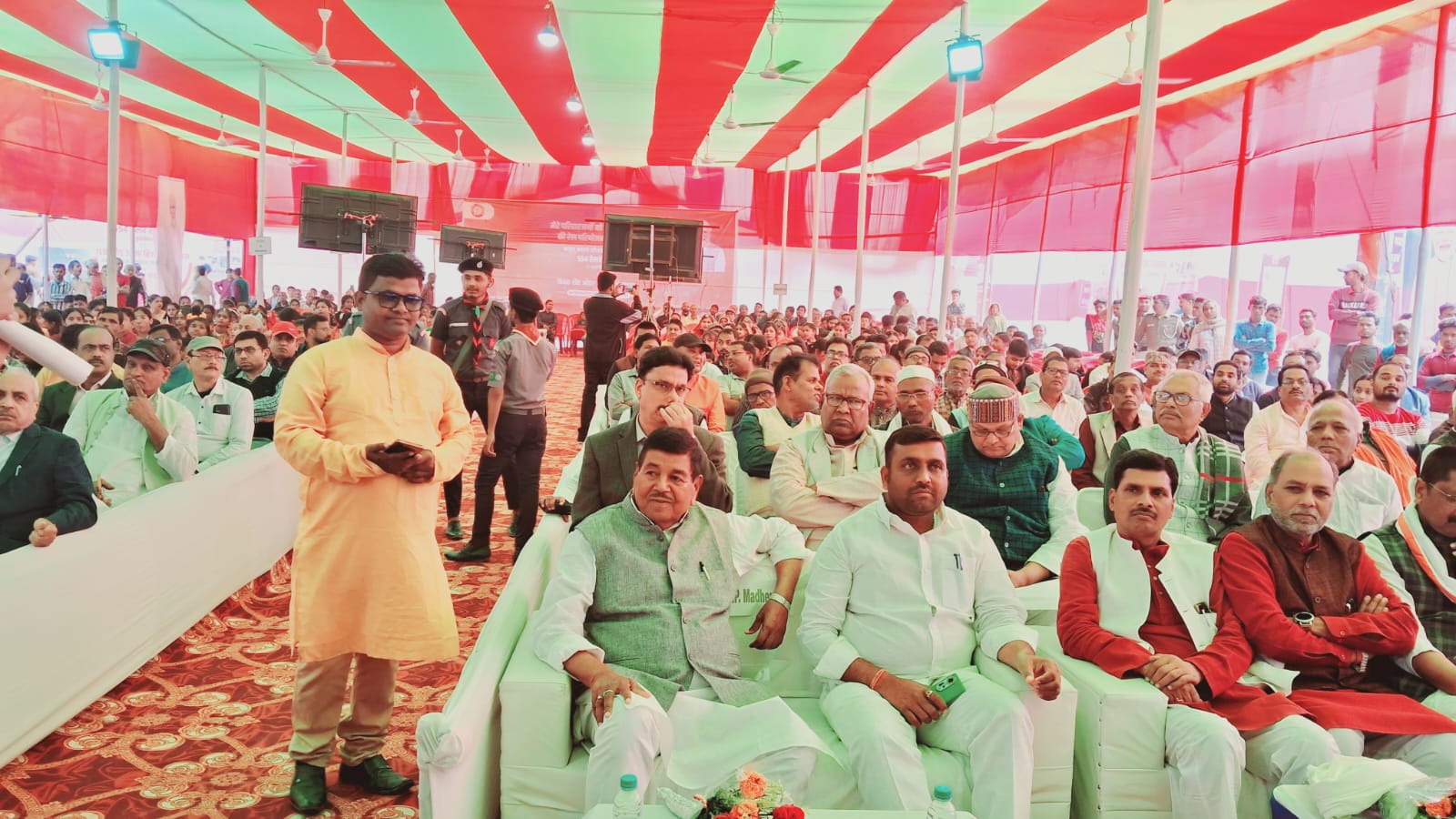 MP Dinesh Chandra Yadav and others at PM Narendra Modi's virtual meeting at Dauram Madhepura Station Campus.